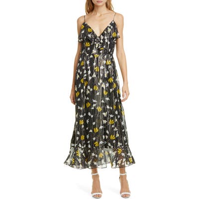 Joie Kenny Floral Metallic Stripe Silk Dress, Yellow