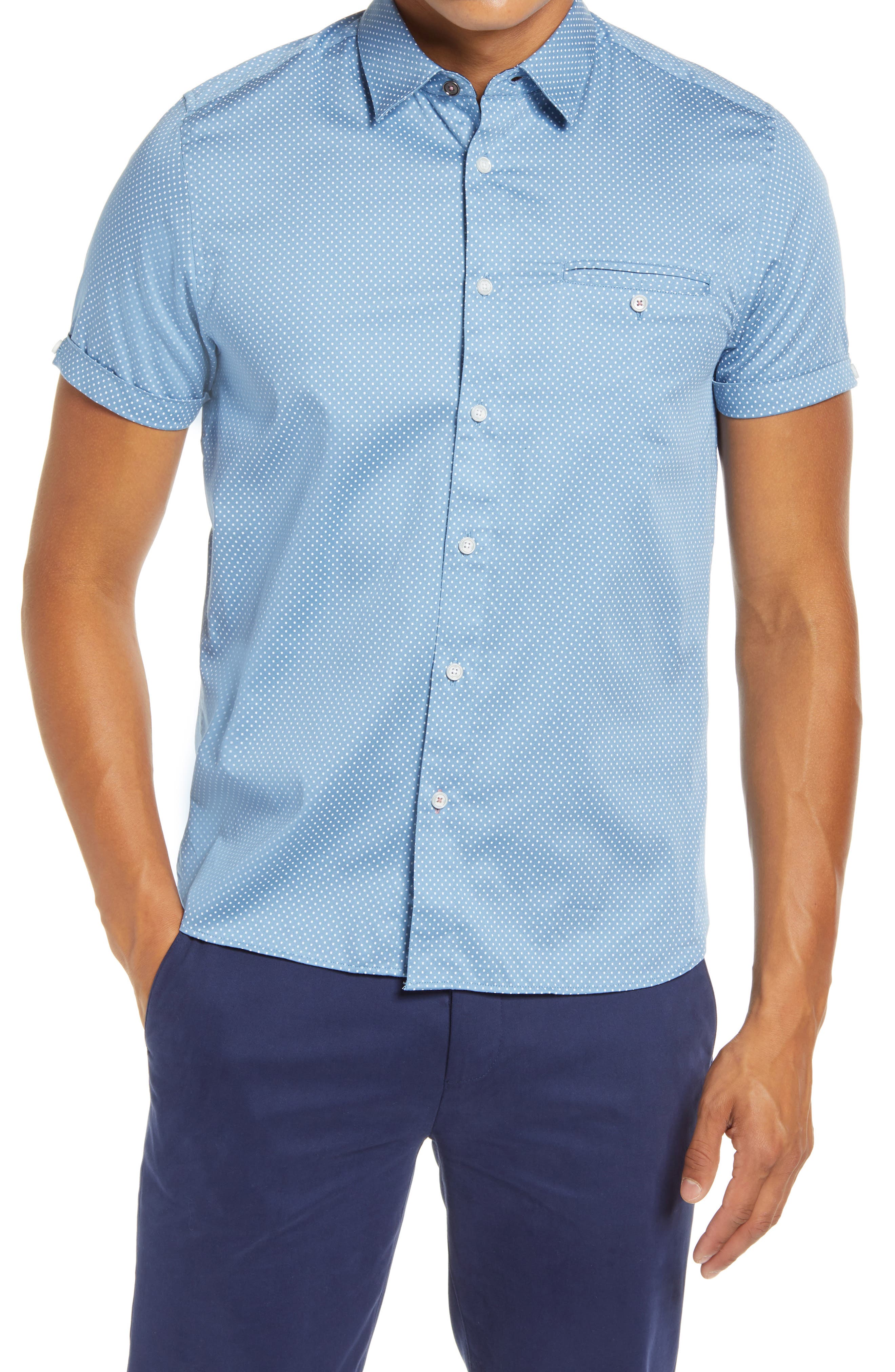 Ted Baker Oatshor Slim Fit Short Sleeve Button-up Shirt In Blue