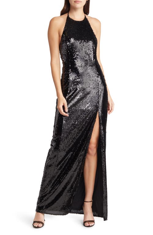 Taking The Stage Sequin Halter Neck Gown in Black