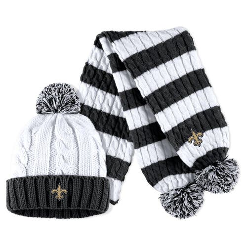 Women's WEAR by Erin Andrews Black/White New Orleans Saints Cable Stripe Cuffed Knit Hat with Pom and Scarf Set