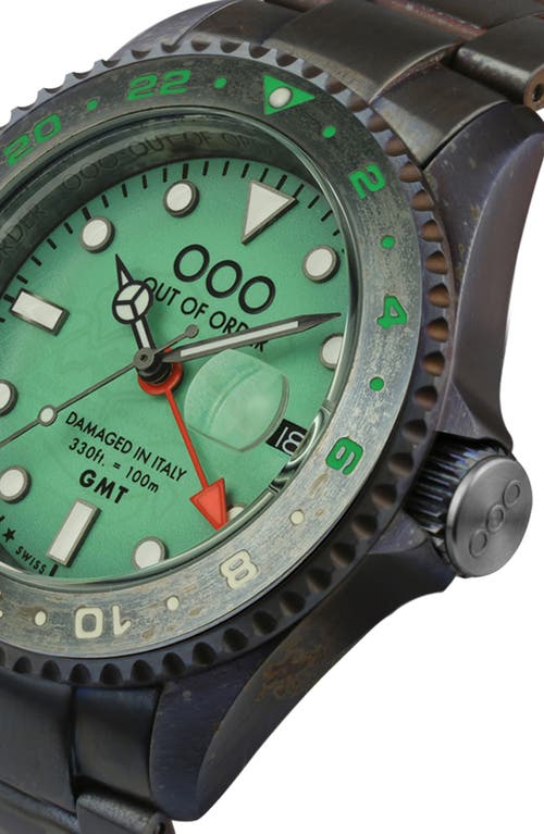 Out Of Order Swiss Movement Gmt Tokyo Shibuya Ultra Brushed Bracelet Watch, 44mm In Black/light Green