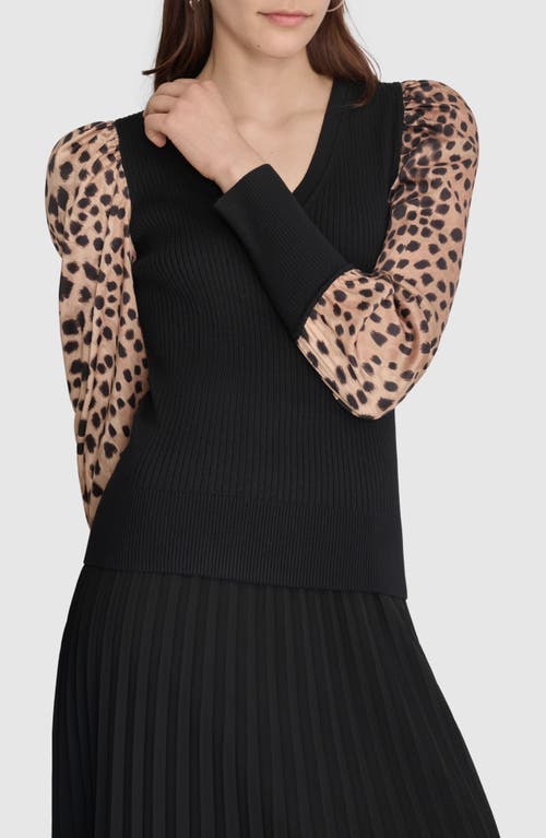 Shop Dkny Rib Puff Shoulder Sweater In Black/cheetah Repeat