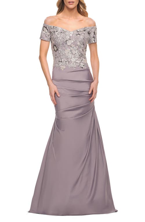 La Femme Floral Beaded Off the Shoulder Mermaid Gown in Silver