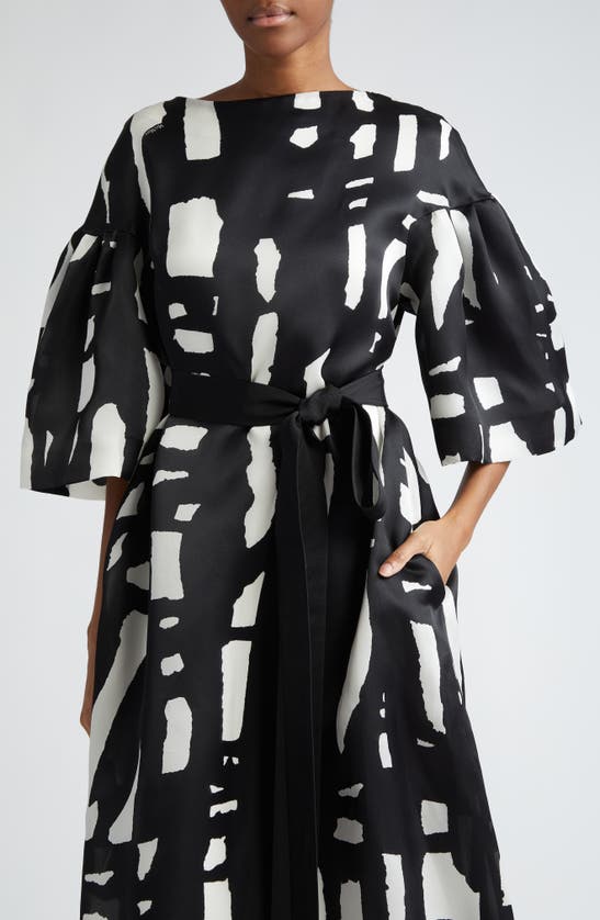 Shop Max Mara Rubiera Abstract Print Belted Silk Satin Gown In Black White