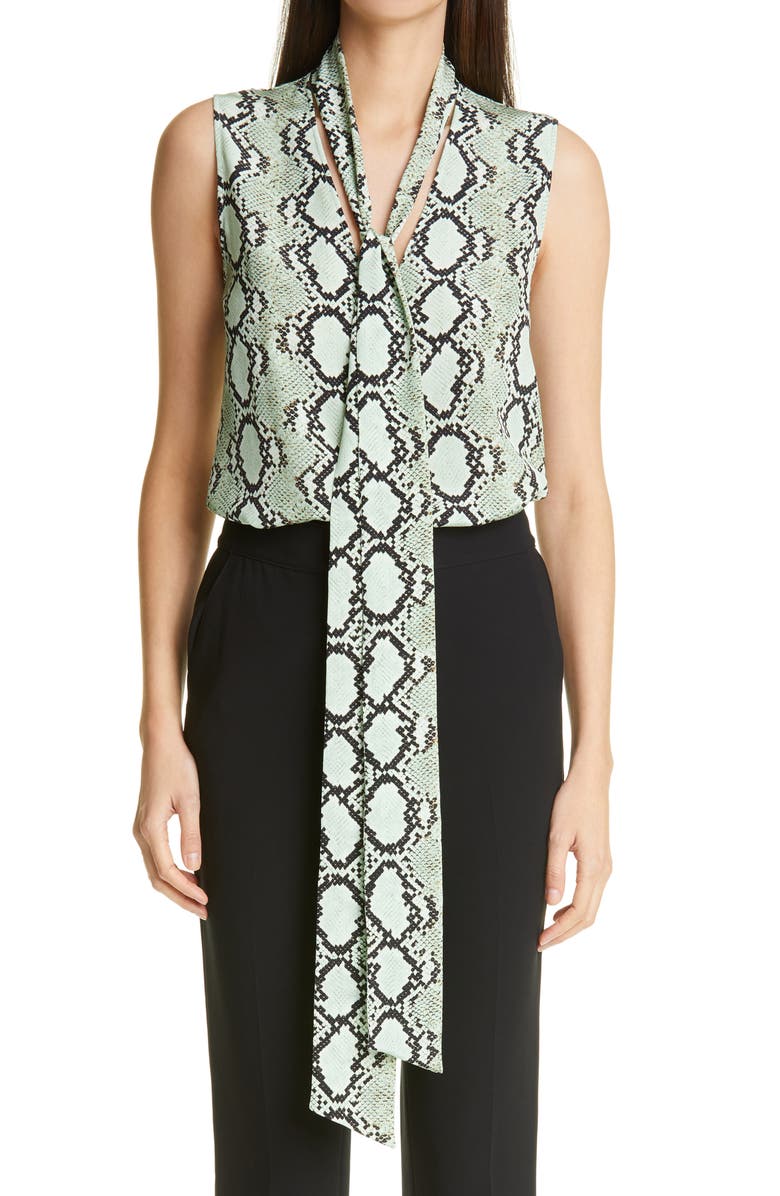 ST. JOHN COLLECTION Scarf Neck Snakeskin Print Crêpe de Chine Blouse, Main, color, MINT MULTI MIMU