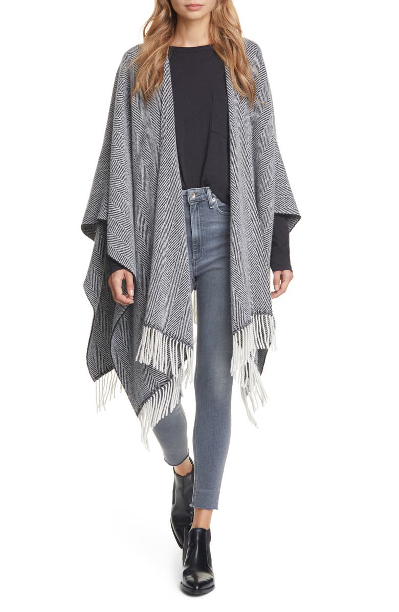 RAG & BONE Herringbone Wool Blend Poncho, Main, color, BLKMULT