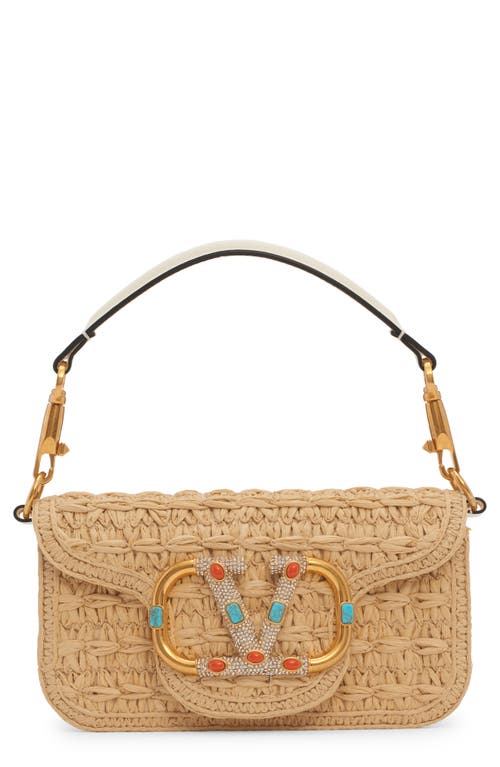 Valentino Garavani Small Locò VLOGO Crystal & Bead Detail Raffia Shoulder Bag in Naturale/ivory/crystal at Nordstrom