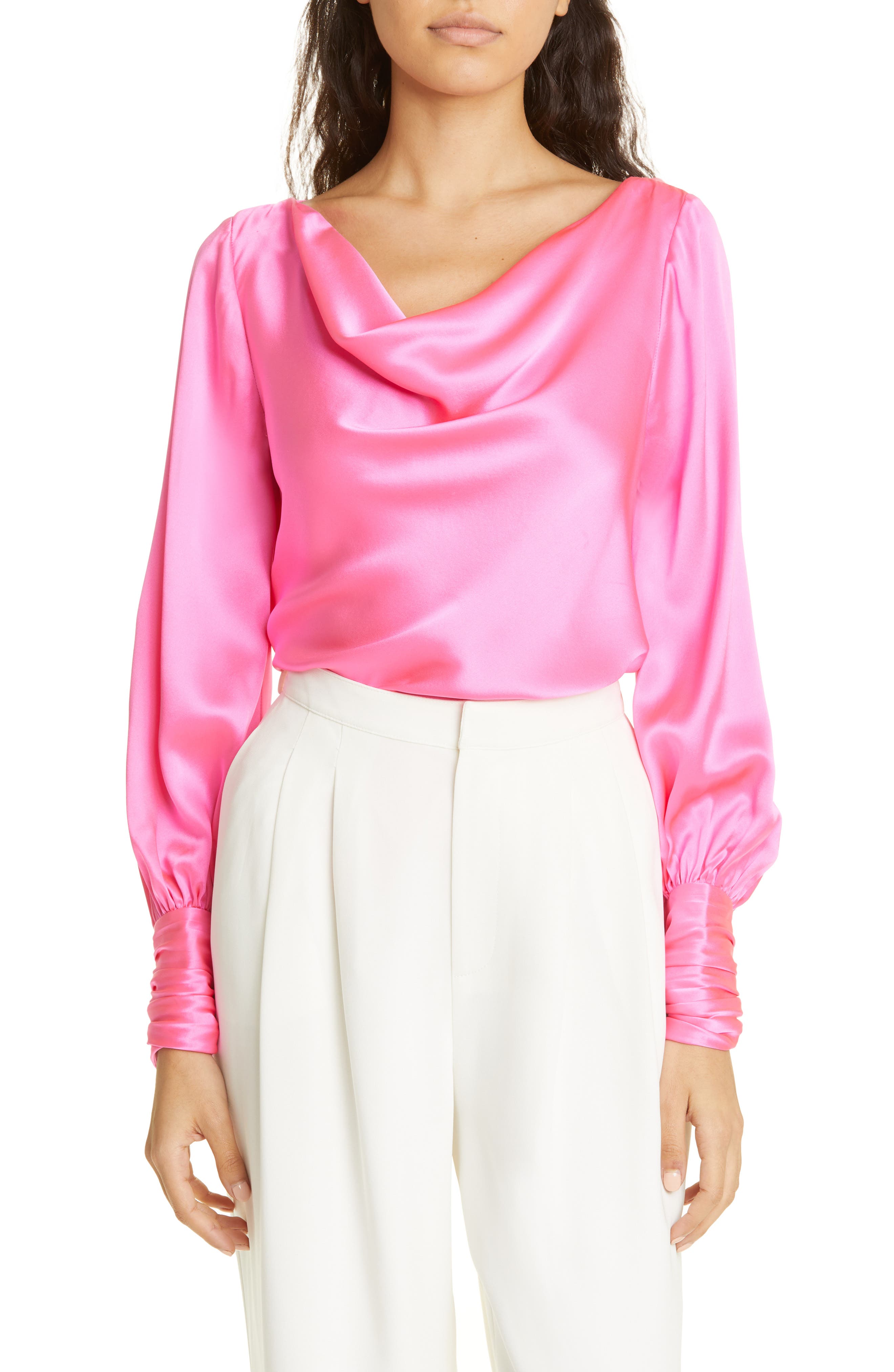 pink satin cowl neck top