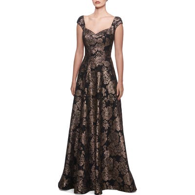 La Femme Metallic Jacquard Gown, Black