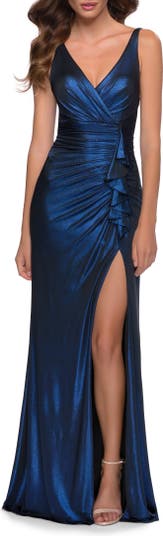 La Femme Metallic Ruffle Jersey Gown | Nordstrom