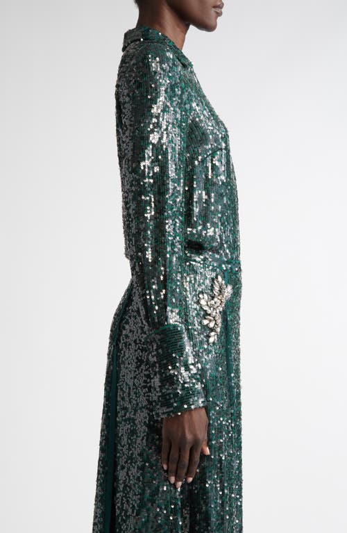 Shop Erdem Sequined Chiffon Button-up Shirt In Dark Green