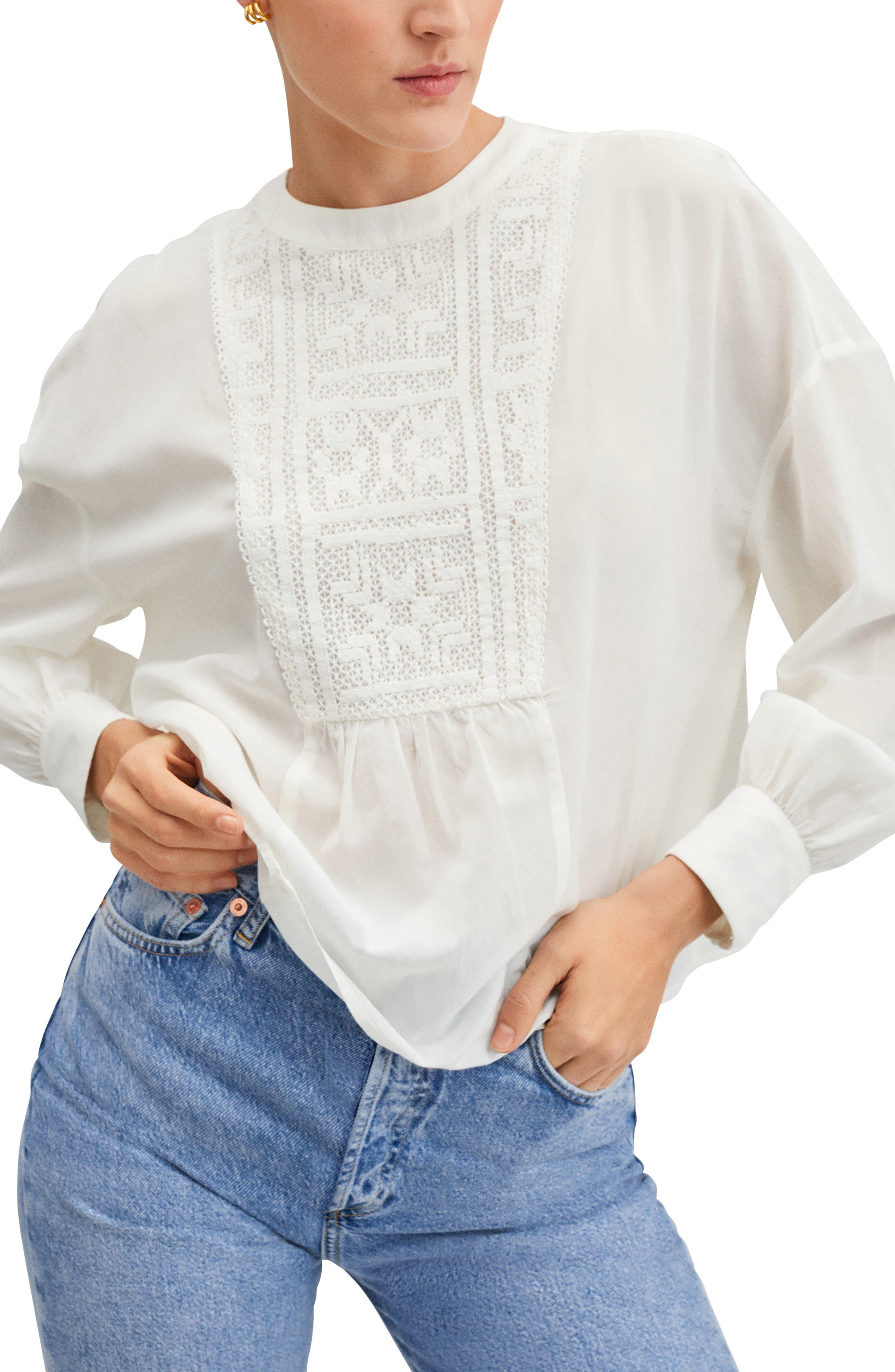 Mango Embroidered Panel Stretch Cotton Blend Top in Off White