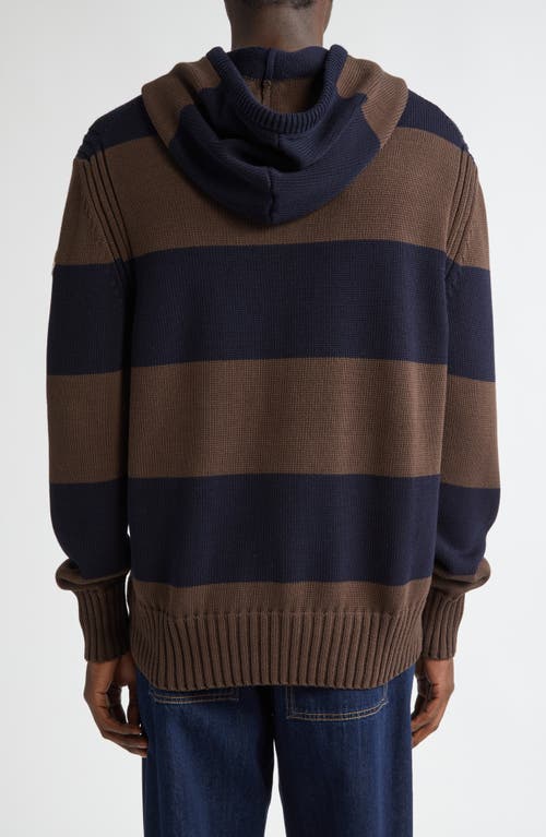 Shop Moncler Stripe Logo Knit Cotton Hoodie In Blue/brown