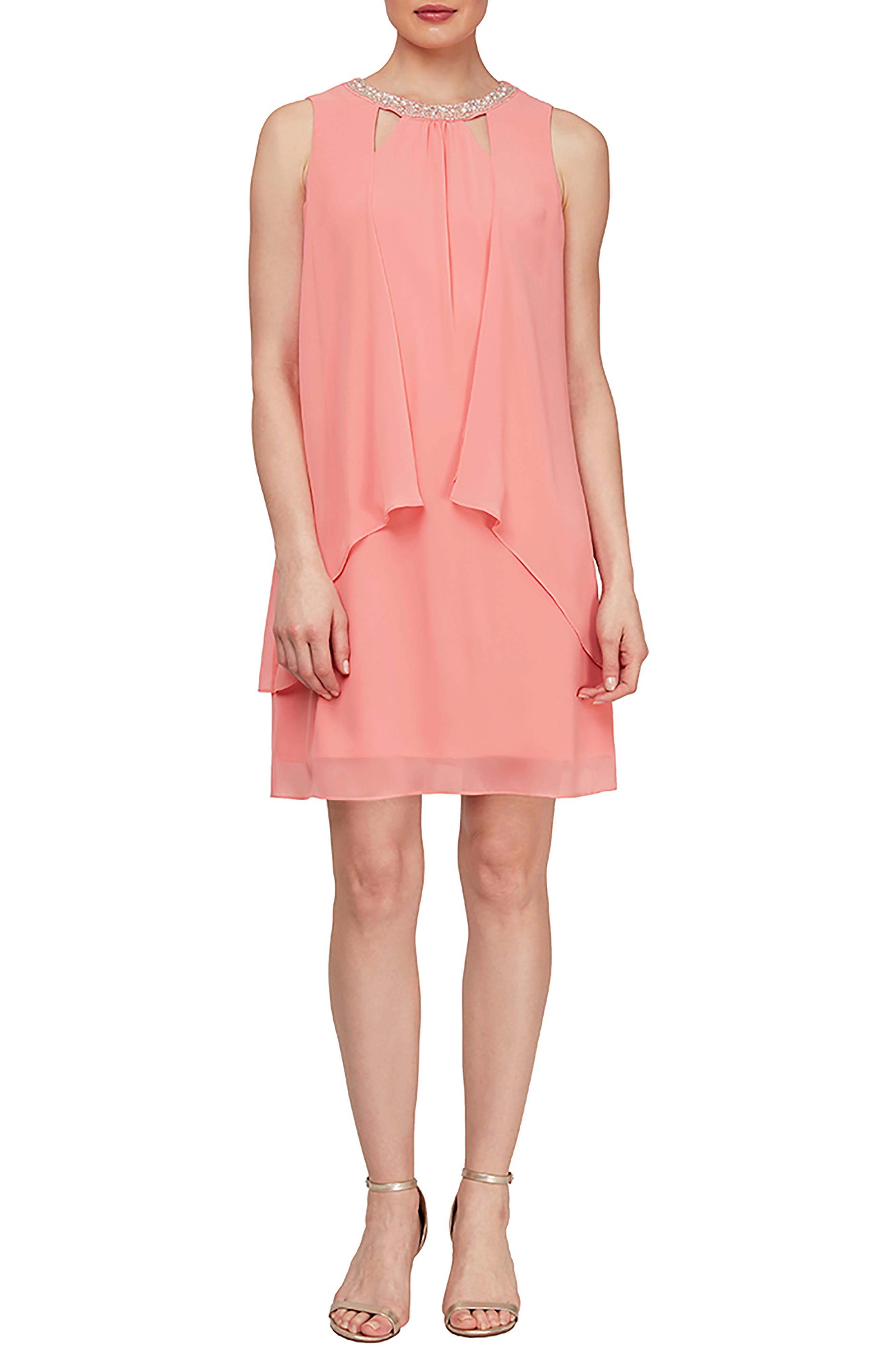 Slny Tiered Embellished Scoop Neck Dress In Salmon
