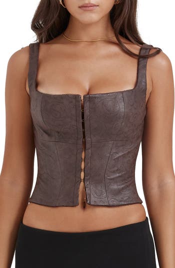 Chocolate Brown Faux Leather Pointed Cup Corset Top
