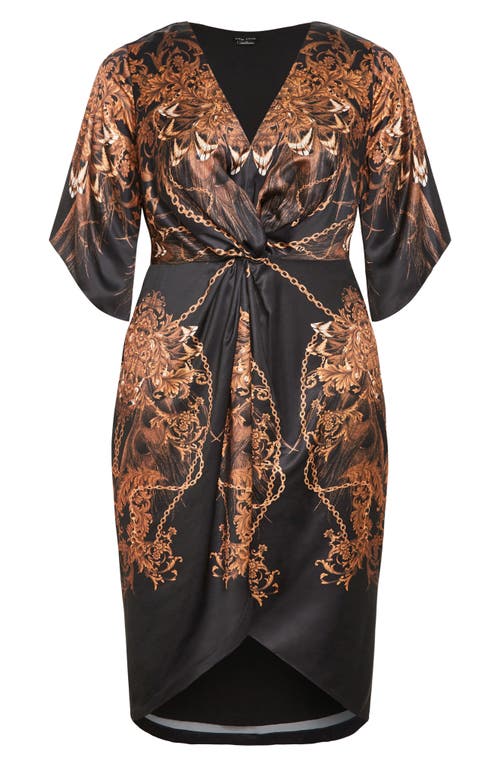 Shop City Chic Priscilla Print Twist Front Midi Dress In Black/gold Lavish