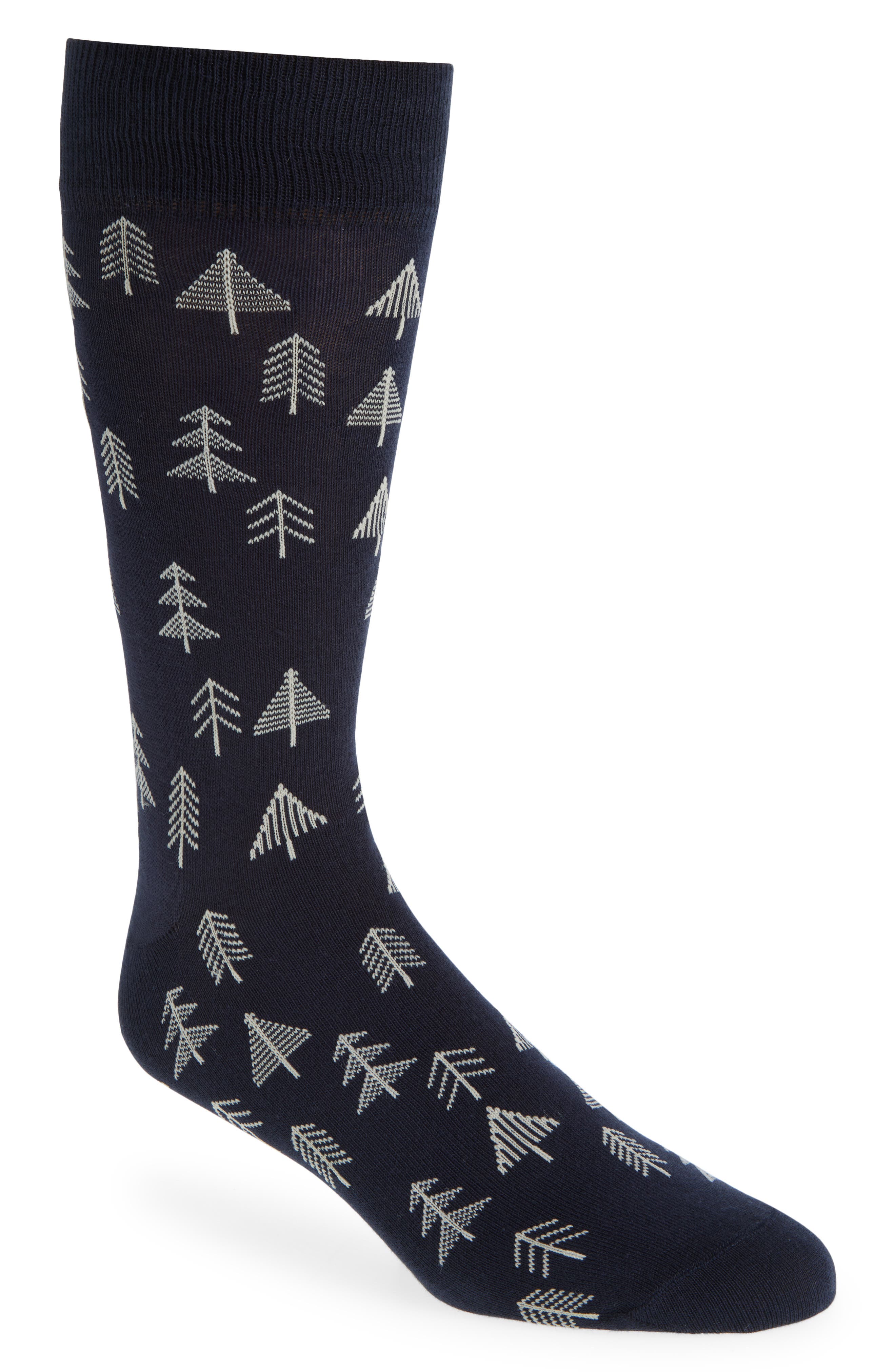 Nordstrom Micro Christmas Tree Cotton Blend Dress Socks in Navy- Beige Cover