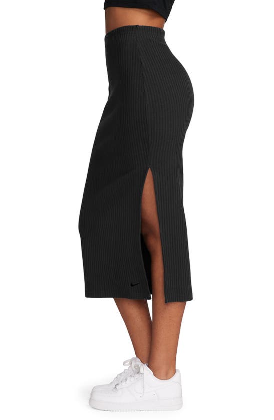 Shop Nike Side Slit Rib Midi Skirt In Black/ Black