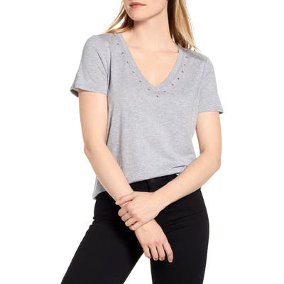 Vince Camuto Studded V-Neck Cotton Blend T-Shirt, Grey