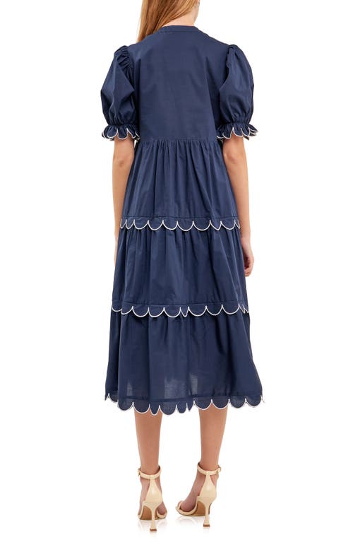 ENGLISH FACTORY ENGLISH FACTORY CONTRAST SCALLOPED TRIM COTTON MIDI DRESS 