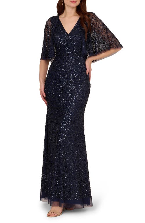 Adrianna Papell Sequin Capelet Mermaid Gown Light Navy at Nordstrom,