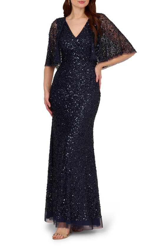 Adrianna Papell Sequin Capelet Mermaid Gown In Transparent