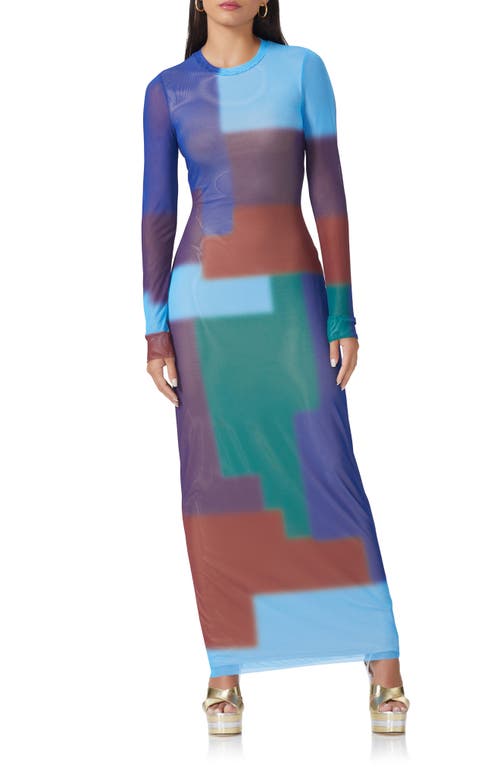 AFRM Didi Long Sleeve Mesh Maxi Dress in Blue Block Geo