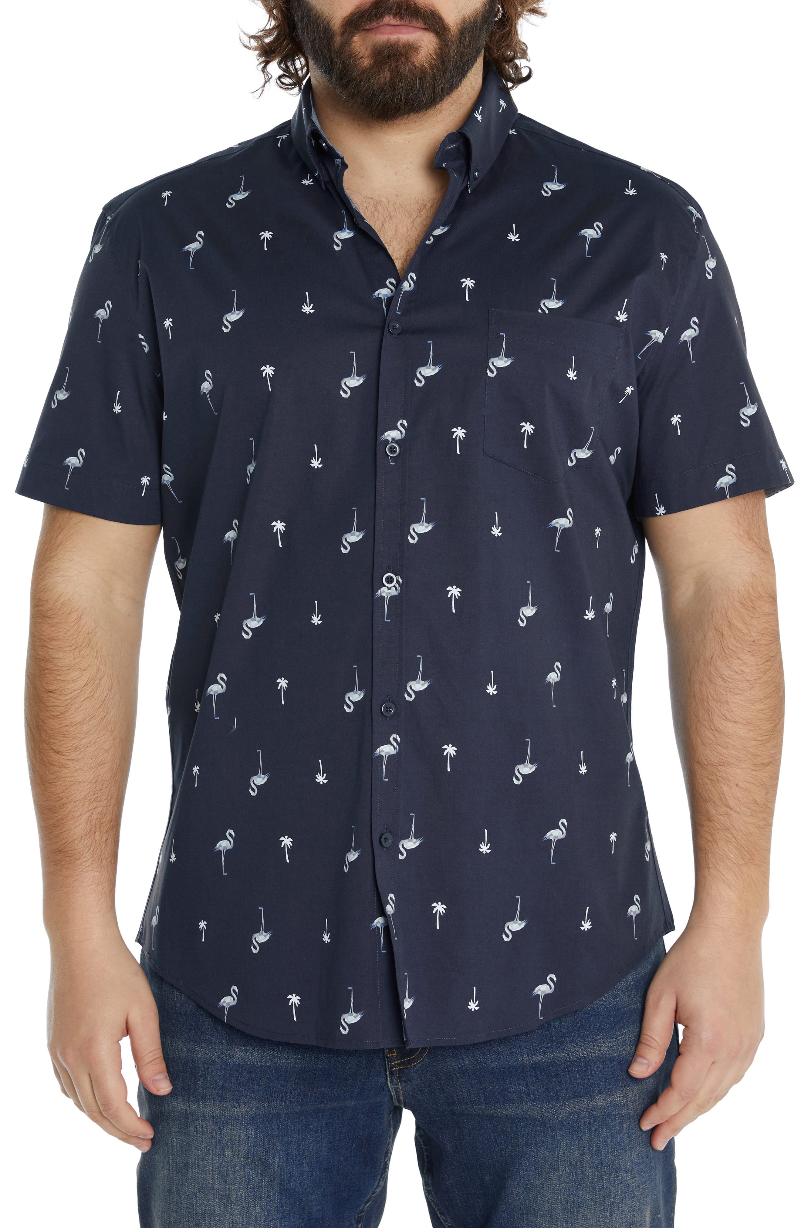 Johnny Bigg Flamingo Palm Short Sleeve Stretch Button-Up Shirt