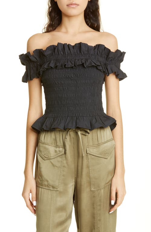 Ganni Shirred & Smocked Off the Shoulder Organic Cotton Top Black at Nordstrom, Us