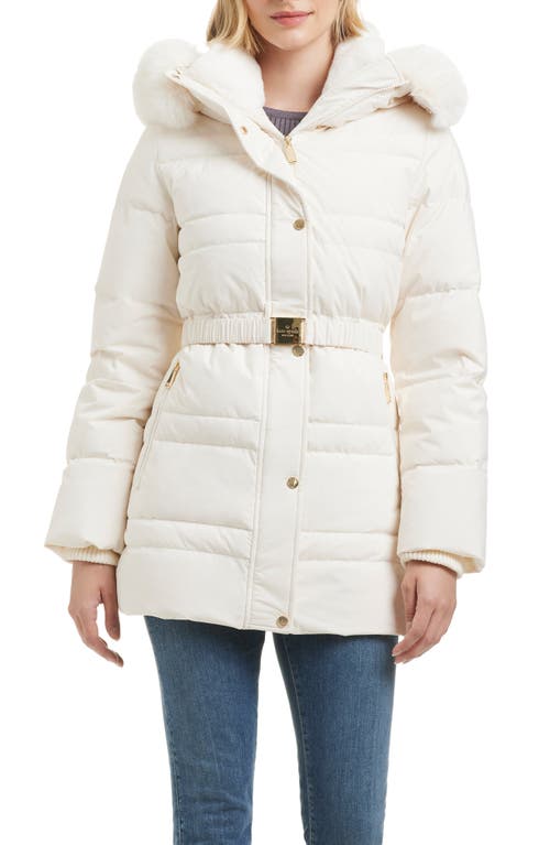 Kate Spade New York Belted Short Puffer Jacket With Removable Faux Fur Trim In Cream