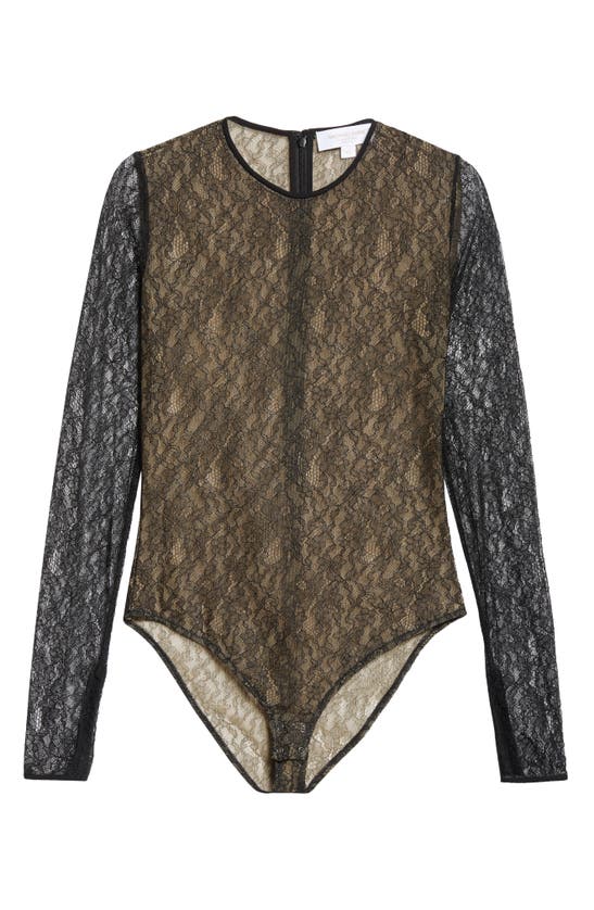 Shop Michael Kors Collection Long Sleeve Chantilly Lace Bodysuit In Black