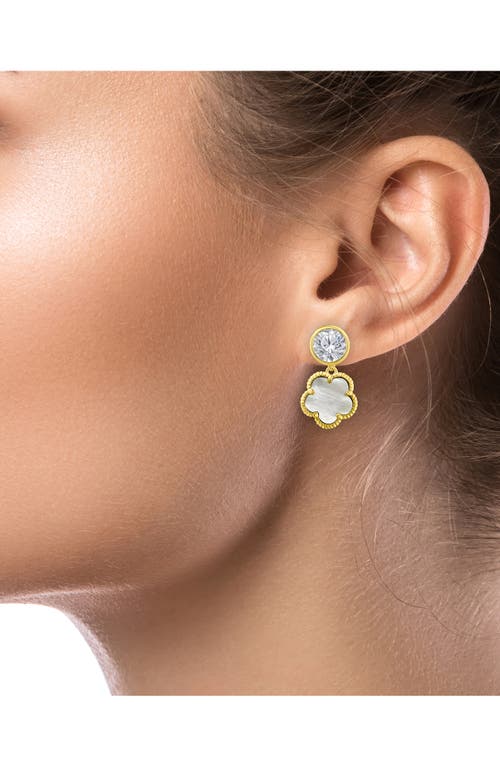 Cz By Kenneth Jay Lane Bezel Cz & Clover Dangle Earrings In Mother Of Pearl/gold