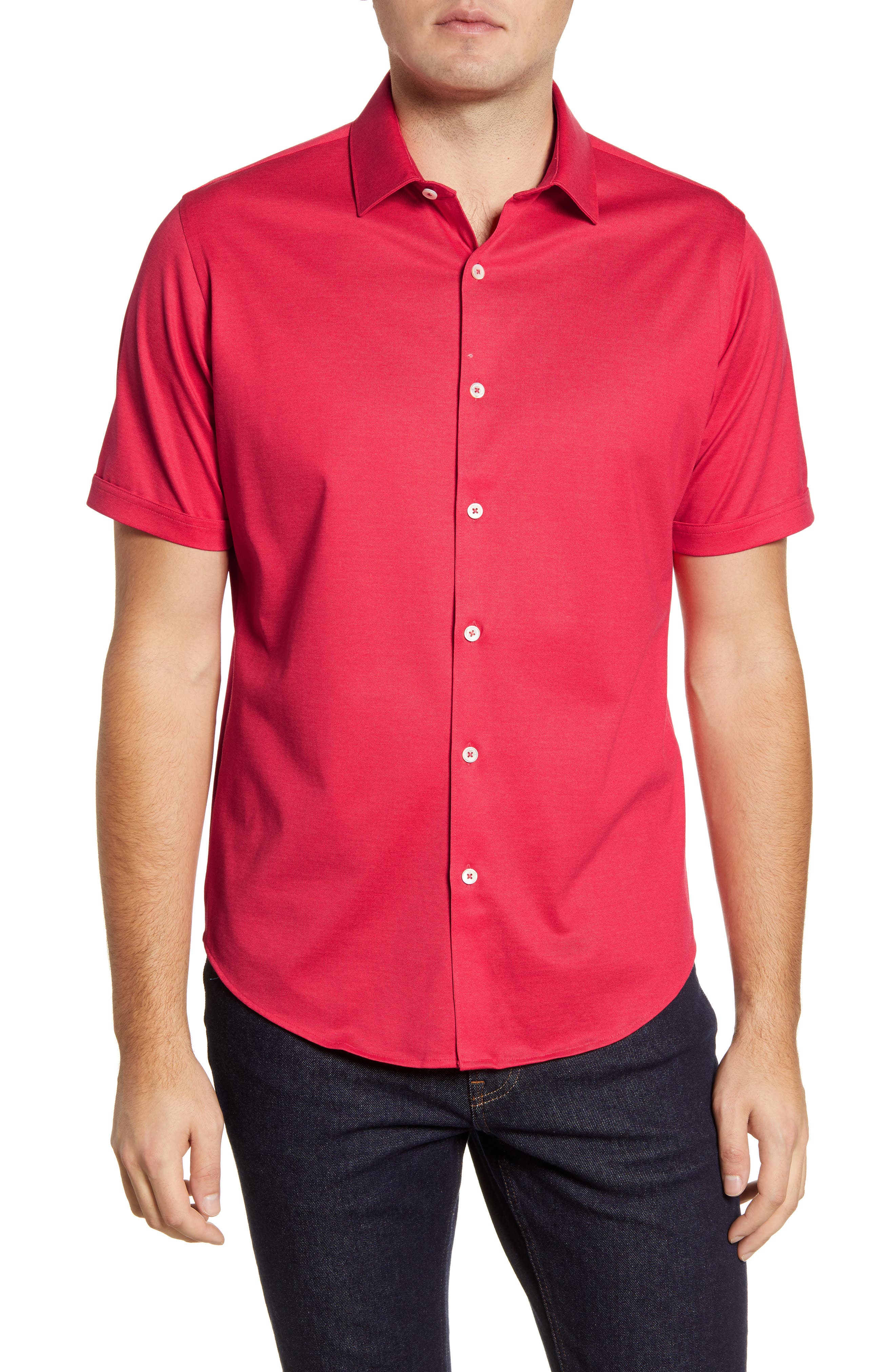 Bugatchi Knit Short Sleeve Button-up Shirt In Echo Red