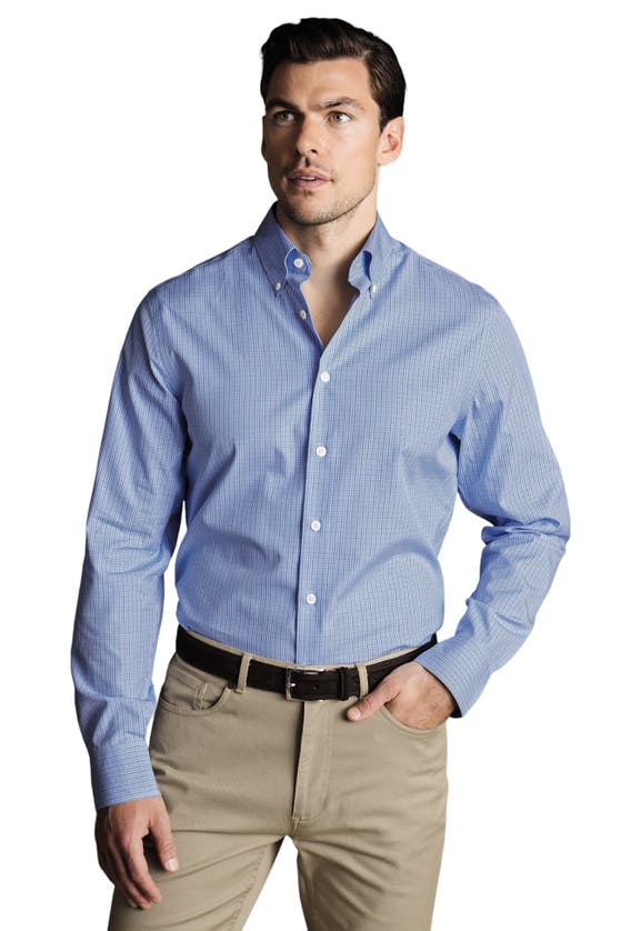 Charles Tyrwhitt Check Non-iron Button-down Oxford Slim Fit Shirt Single Cuff In Blue