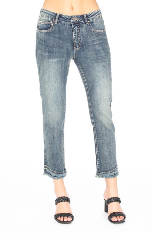 Olivia Double Frayed Hem Mid Rise Ankle Slim Jeans in Medium Indigo
