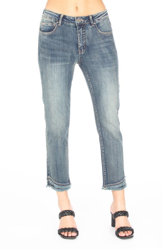 Shop Apny Olivia Double Frayed Hem Mid Rise Ankle Slim Jeans In Medium Indigo