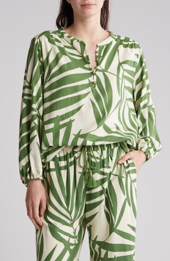 Gemma + Jane Palm Print Long Sleeve Top In Green