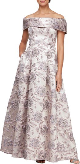 Metallic Floral Off the Shoulder Jacquard Gown