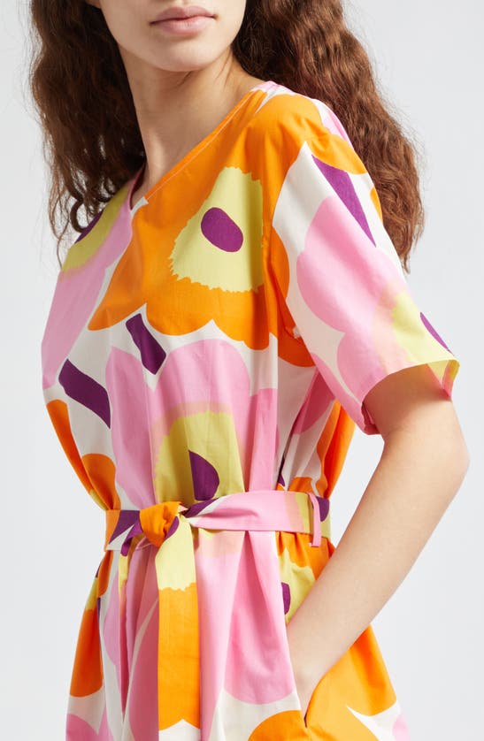 Shop Marimekko Kemut Unikko Organic Cotton Poplin Dress In Off-white/ Orange/ Light Pink