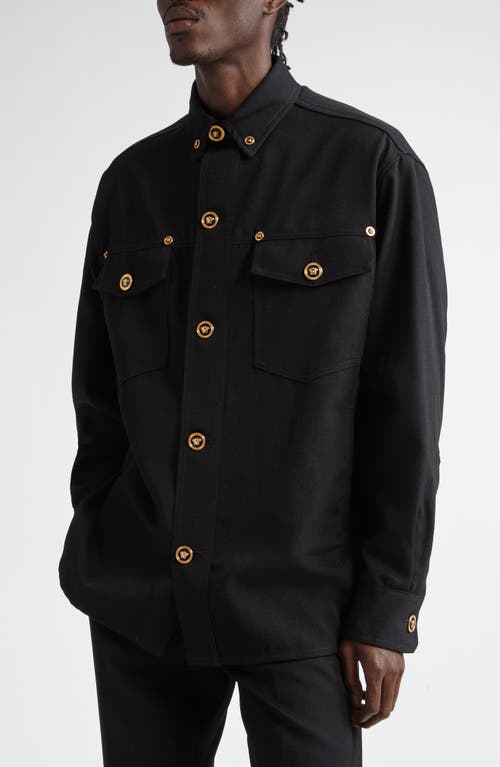 Shop Versace Wool Gabardine Button-down Overshirt In Black