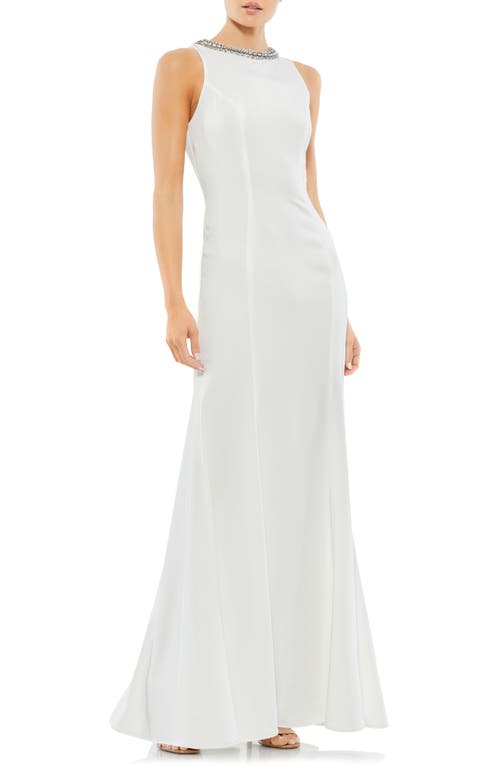 Crystal Neck Trumpet Gown in White