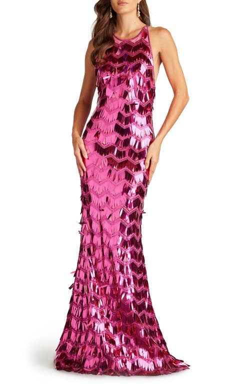 Sequin Fringe Strappy Back Mermaid Gown in Wild Pink