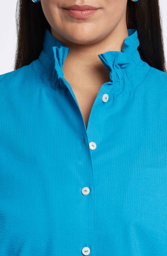 Shop Foxcroft Carolina Seersucker Cotton Blend Button-up Shirt In True Blue