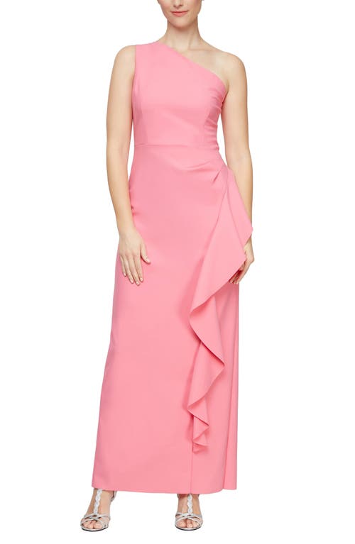 Alex & Eve One-Shoulder Ruffle Gown in Guava