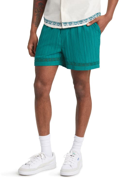 Rib Textured Seersucker Shorts in Teal Green