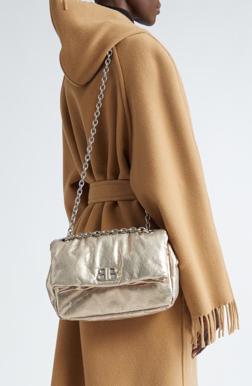 Shop Balenciaga Small Monaco Crinkled Metallic Leather Shoulder Bag In Stone Beige