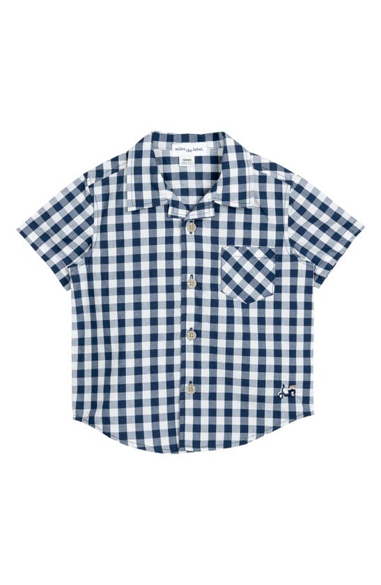 Miles The Label Babies' Gingham Check Short Sleeve Organic Cotton Button-up Shirt In Navy