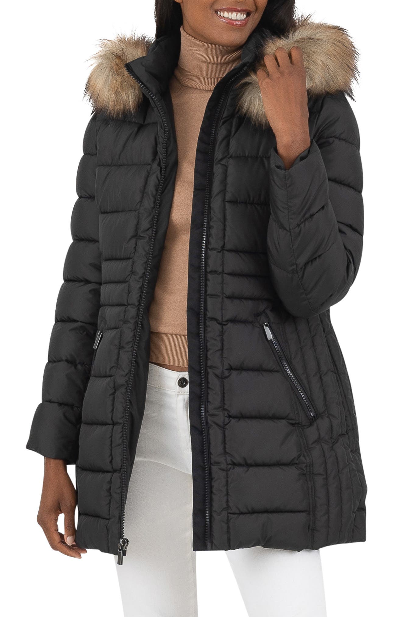 Long Puffer Jacket with Faux Fur Trim 
