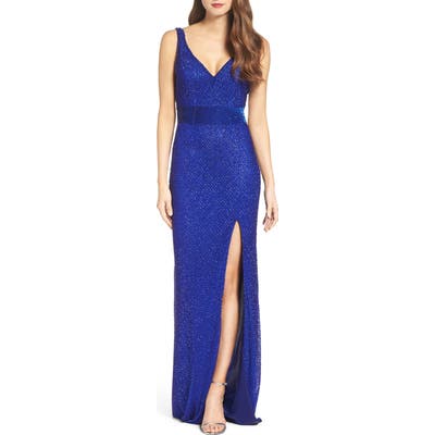 MAC Duggal Beaded Mesh Gown, Blue