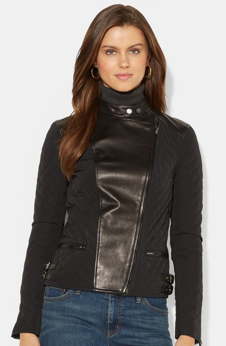 Lauren Ralph Lauren Leather Trim Moto Jacket (Online Only) | Nordstrom